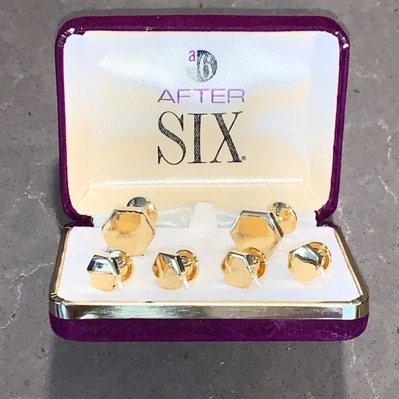 Vtg After Six Gold Tone Hexagon Cuff Link Tuxedo Stud 6 Piece Set - Picture 4 of 5